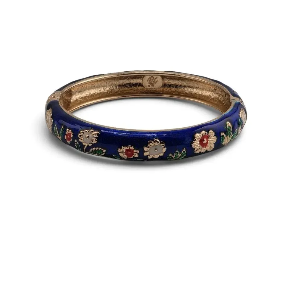 Jiu Long Xing Blue Enamel Floral Hinged Bangle Bracelet Gold Tone Signed